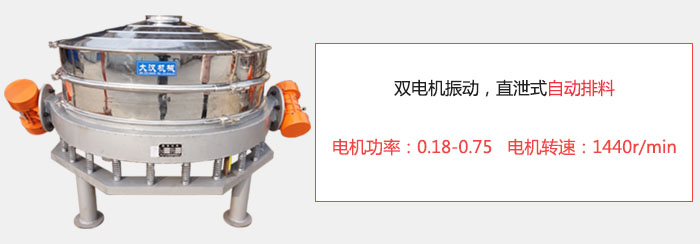 雙電機(jī)振動(dòng)，直泄式自動(dòng)排料電機(jī)功率：0.18-0.75   電機(jī)轉(zhuǎn)速：1440r/min。